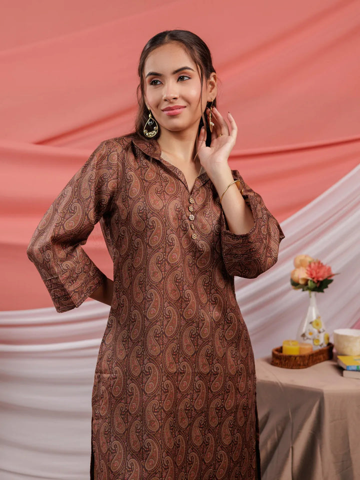 Cotton Brown Digital Printed Workwear Co-Ord Set With Pintuck Detailing On Flared Sleeves-Yufta Store-6917SETBRS