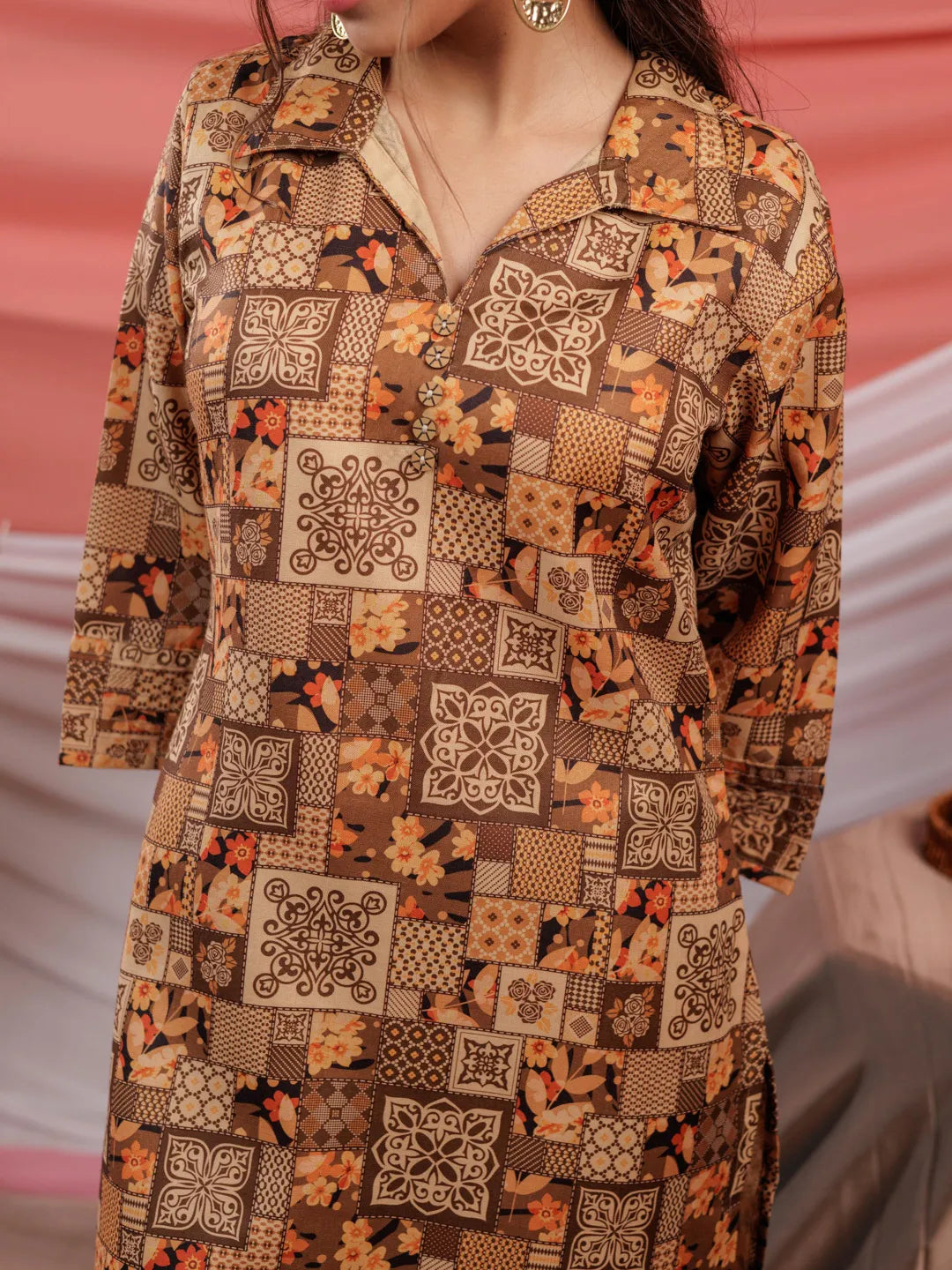 Cotton Brown Digital Printed Workwear Co-Ord Set With Pintuck Detailing On Sleeves-Yufta Store-6916SETBRS