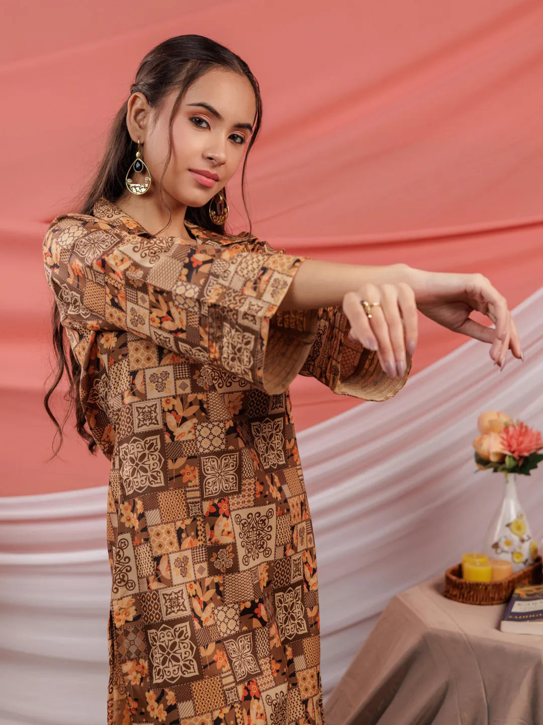 Cotton Brown Digital Printed Workwear Co-Ord Set With Pintuck Detailing On Sleeves-Yufta Store-6916SETBRS