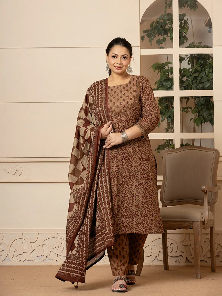 Cotton Brown Kantha_Work Plus Size Kurta Dupatta Pant Set-Yufta Store-6972PSKDBR3XL