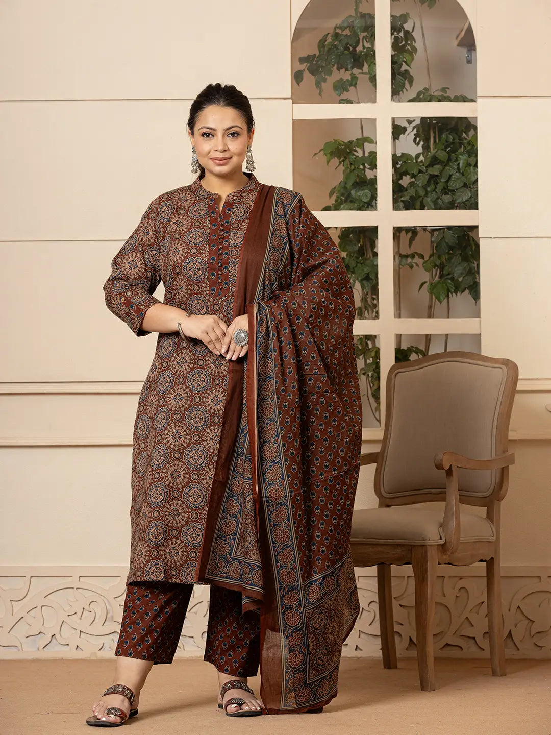 Cotton Brown Plus Size Kurta Dupatta Pant Set-Yufta Store-6946PSKDBR3XL