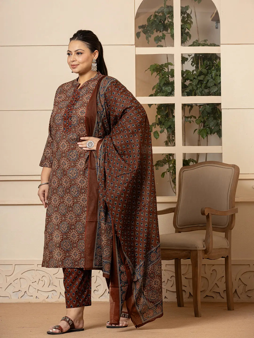 Cotton Brown Plus Size Kurta Dupatta Pant Set-Yufta Store-6946PSKDBR3XL