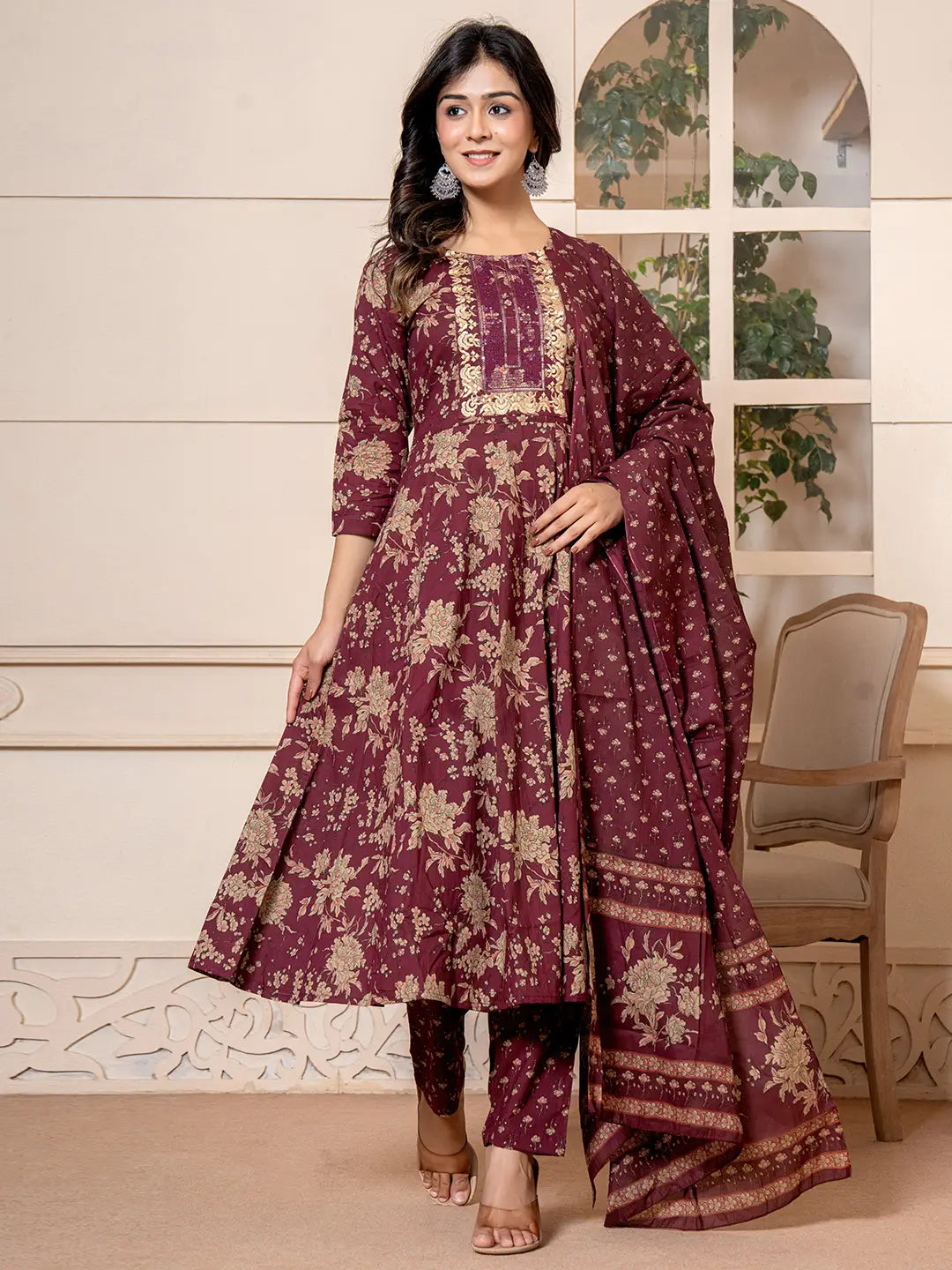 Cotton Burgundy Anarkali Dupatta Set-Yufta Store-7029SKDBUGS