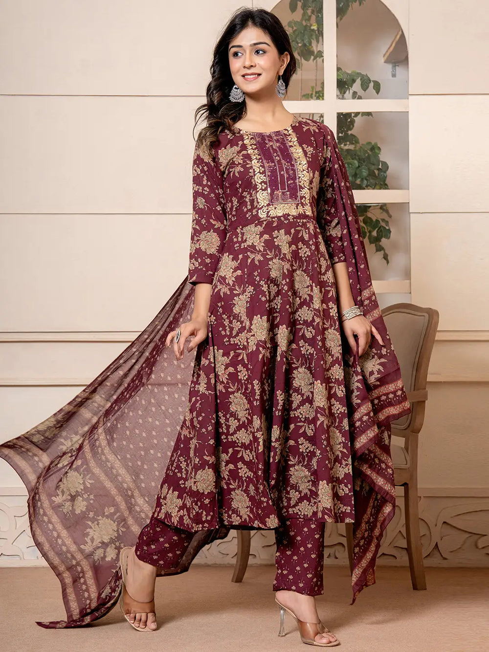 Cotton Burgundy Anarkali Dupatta Set-Yufta Store-7029SKDBUGS