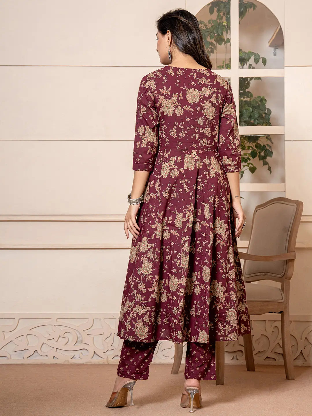 Cotton Burgundy Anarkali Dupatta Set-Yufta Store-7029SKDBUGS