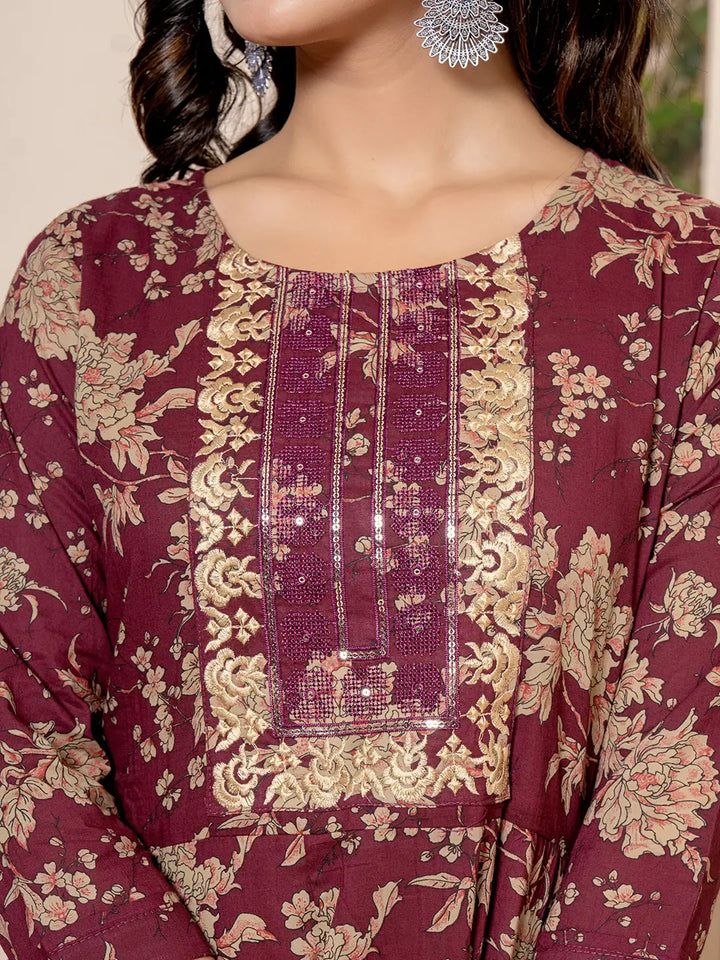 Cotton Burgundy Anarkali Dupatta Set-Yufta Store-7029SKDBUGS