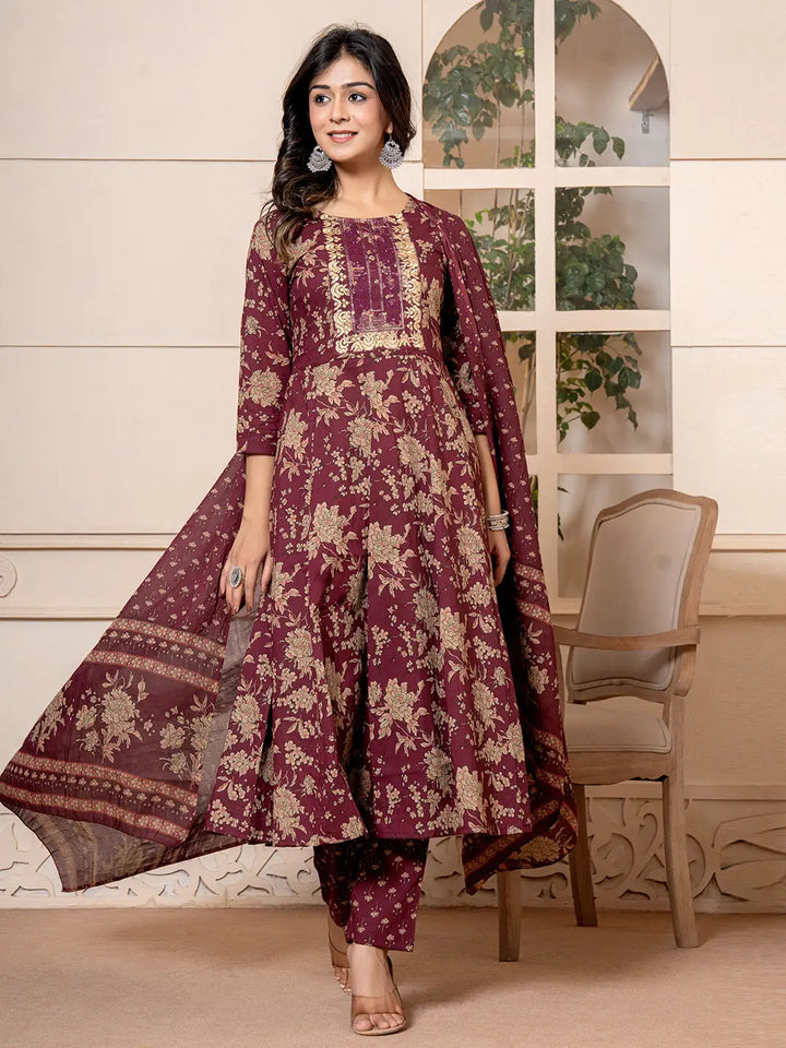 Cotton Burgundy Anarkali Dupatta Set-Yufta Store-7029SKDBUGS