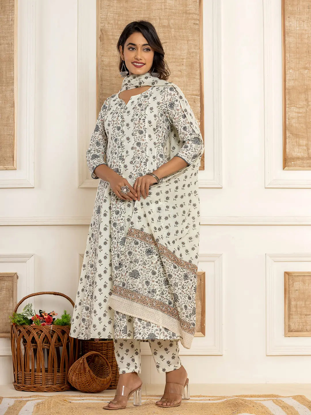 Cotton Cream Anarkali Kurta Dupatta Set-Yufta Store-6938SKDCRS