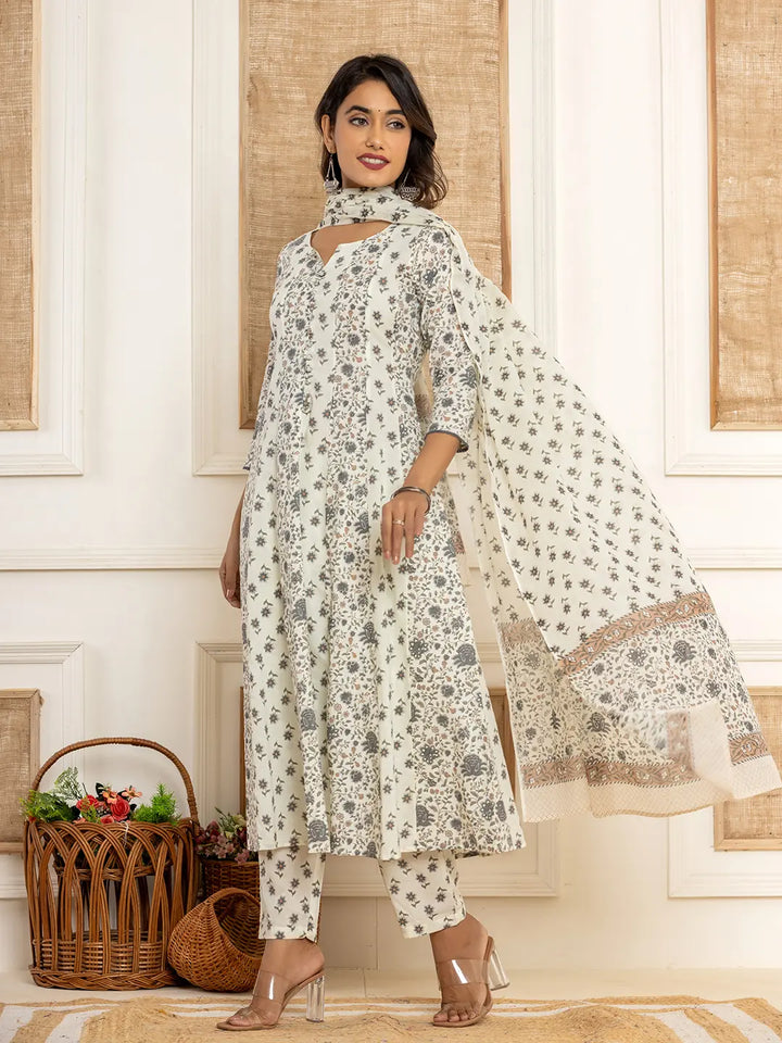 Cotton Cream Anarkali Kurta Dupatta Set-Yufta Store-6938SKDCRS