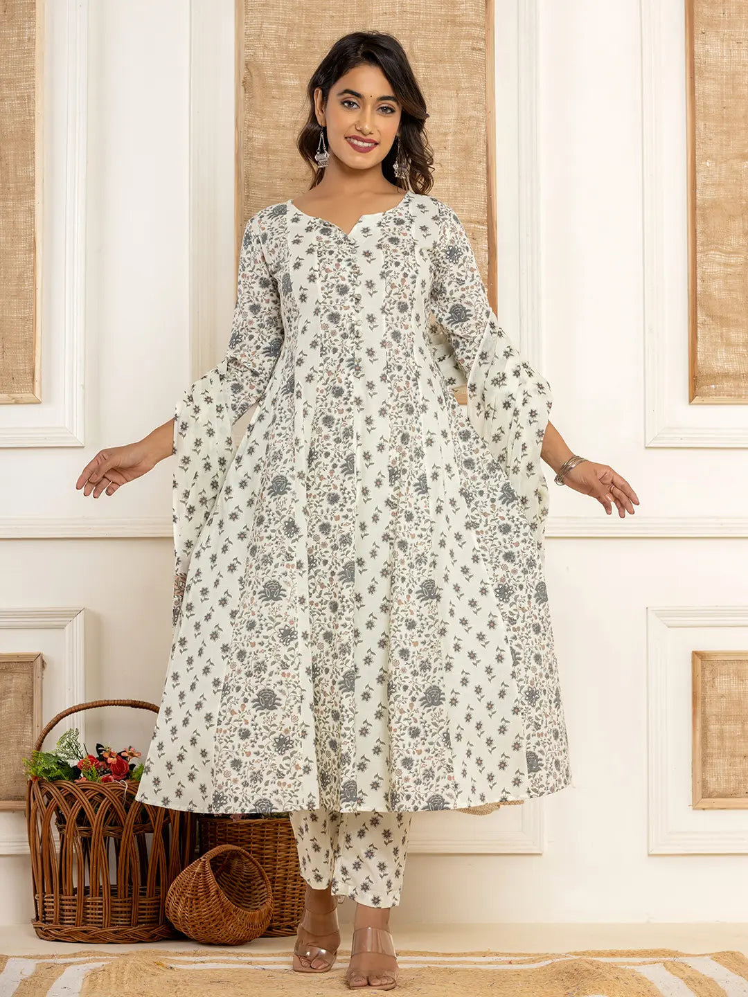 Cotton Cream Anarkali Kurta Dupatta Set-Yufta Store-6938SKDCRS