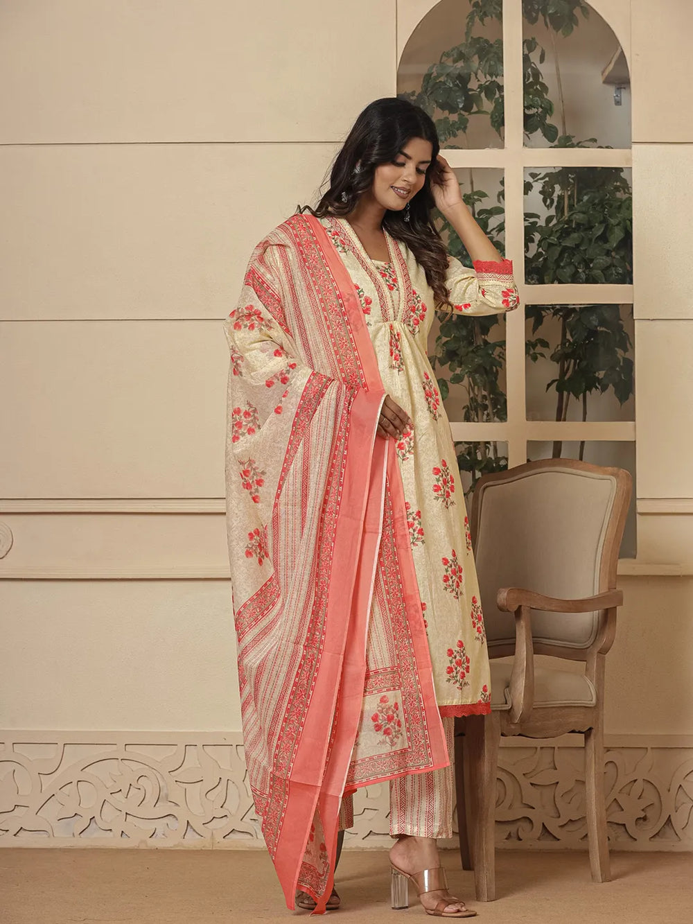 Cotton Cream And Peach Kurta Dupatta Set-Yufta Store-7011SKDWHS