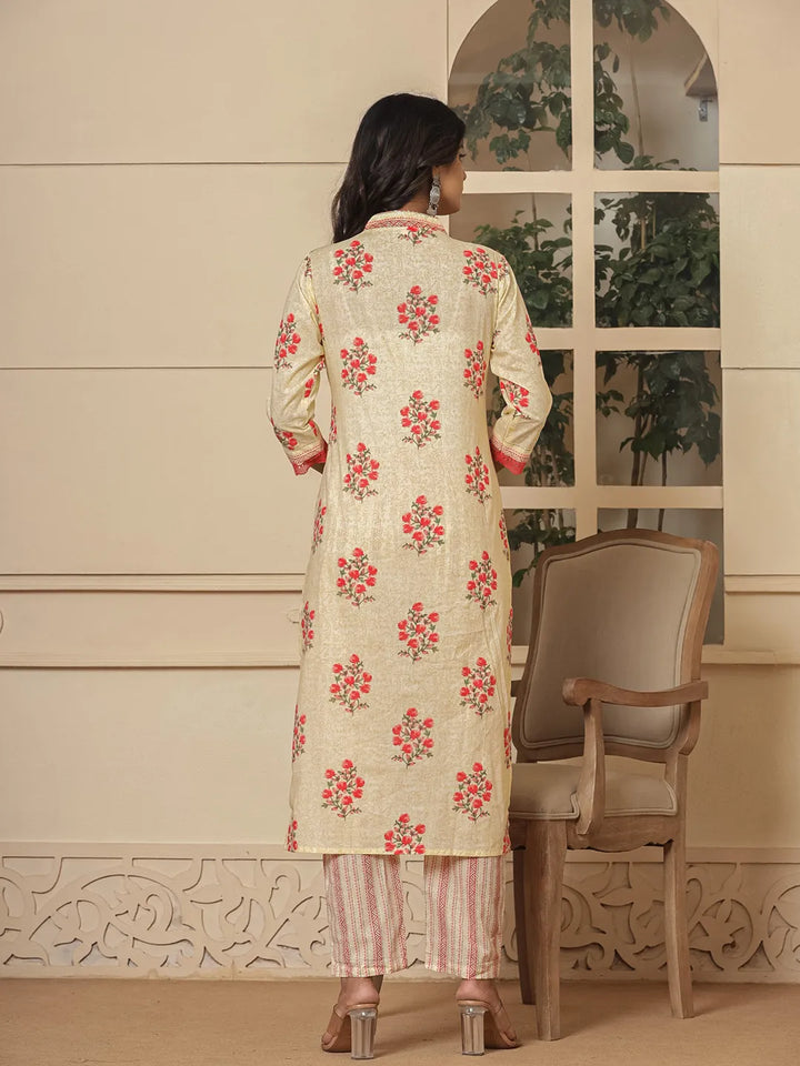 Cotton Cream And Peach Kurta Dupatta Set-Yufta Store-7011SKDWHS