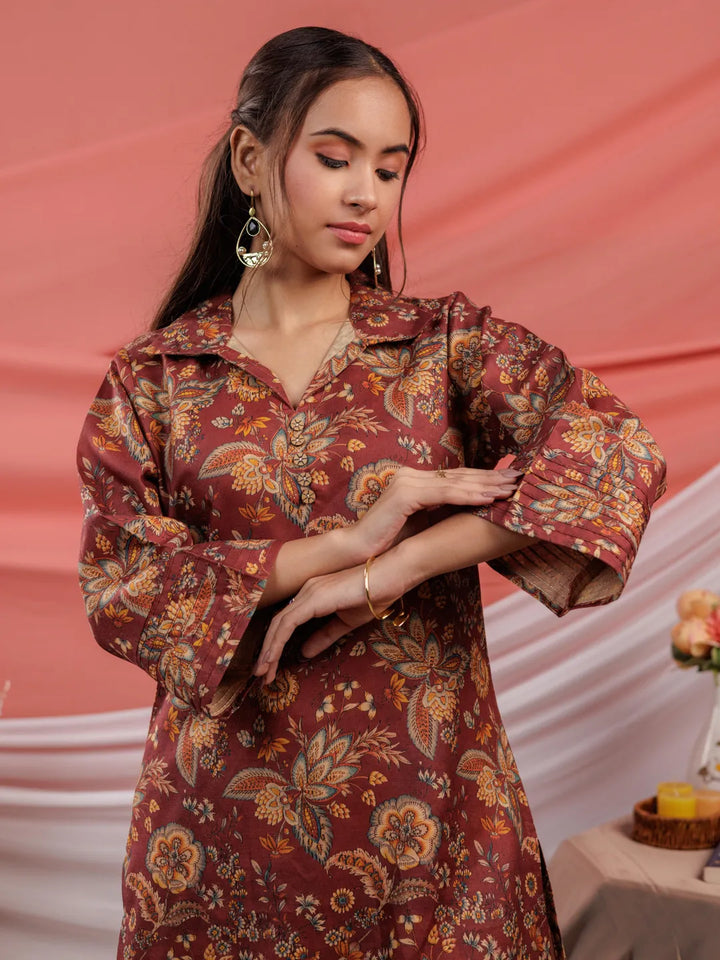 Cotton Digital Printed Maroon Workwear Co-Ord Set With Pintuck Detailing On Sleeves-Yufta Store-6915SETMRS