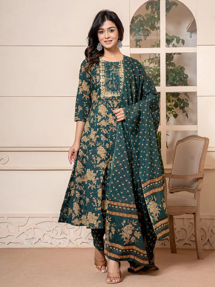 Cotton Green Anarkali Dupatta Set-Yufta Store-7029SKDGRS