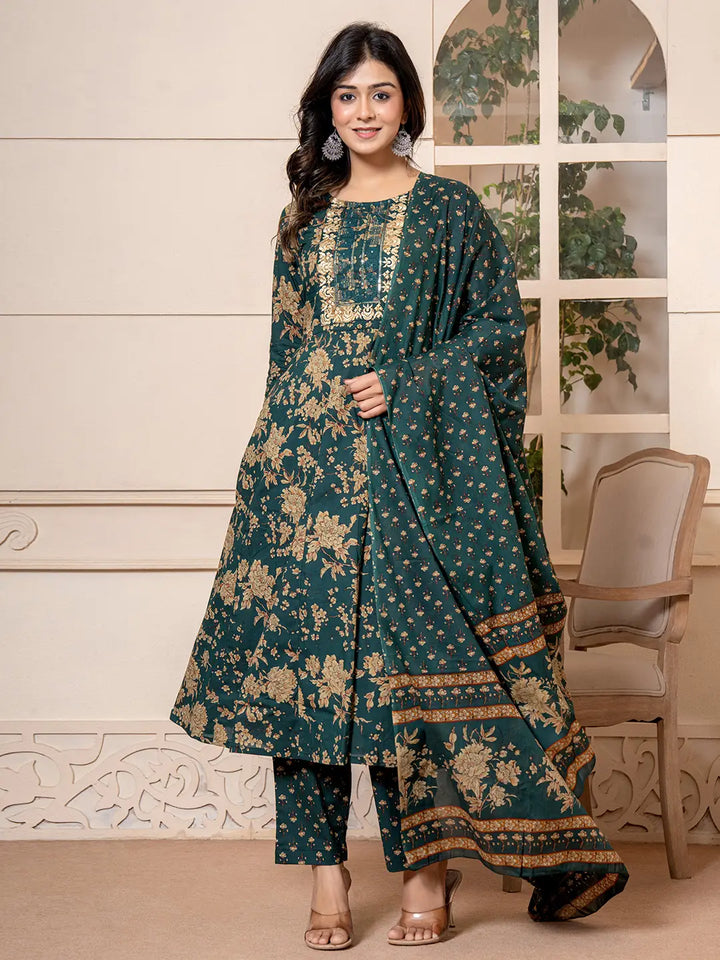 Cotton Green Anarkali Dupatta Set-Yufta Store-7029SKDGRS