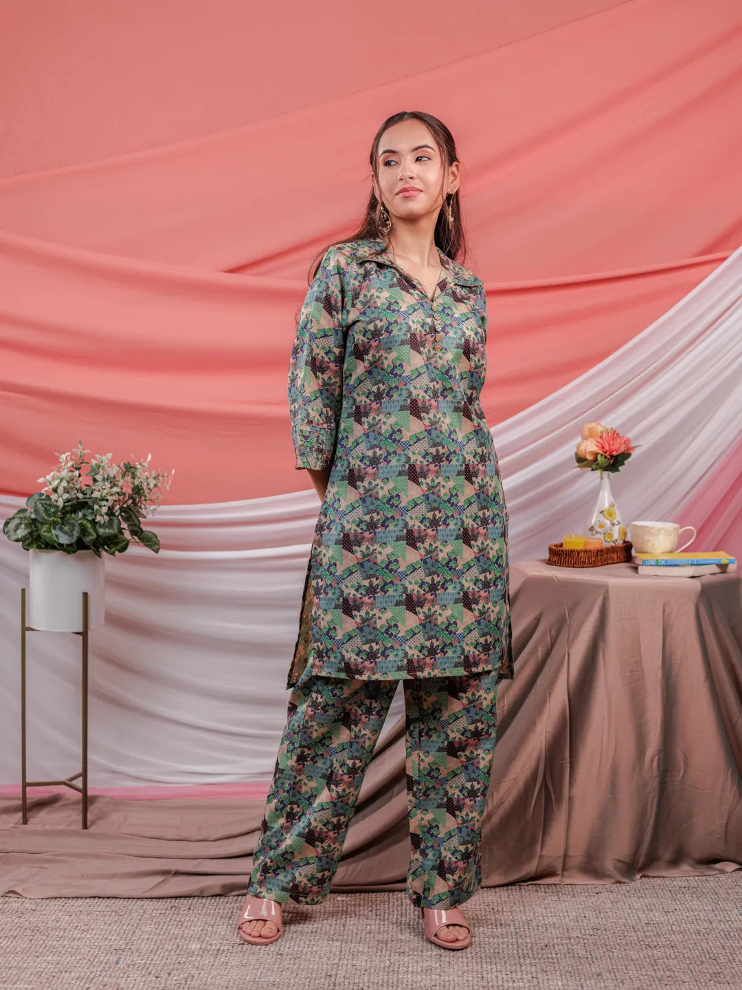 Cotton Green Digital Print Workwear Kurta Co Ord Set With Pintuck Detailing On Sleeves-Yufta Store-6914SETGRS