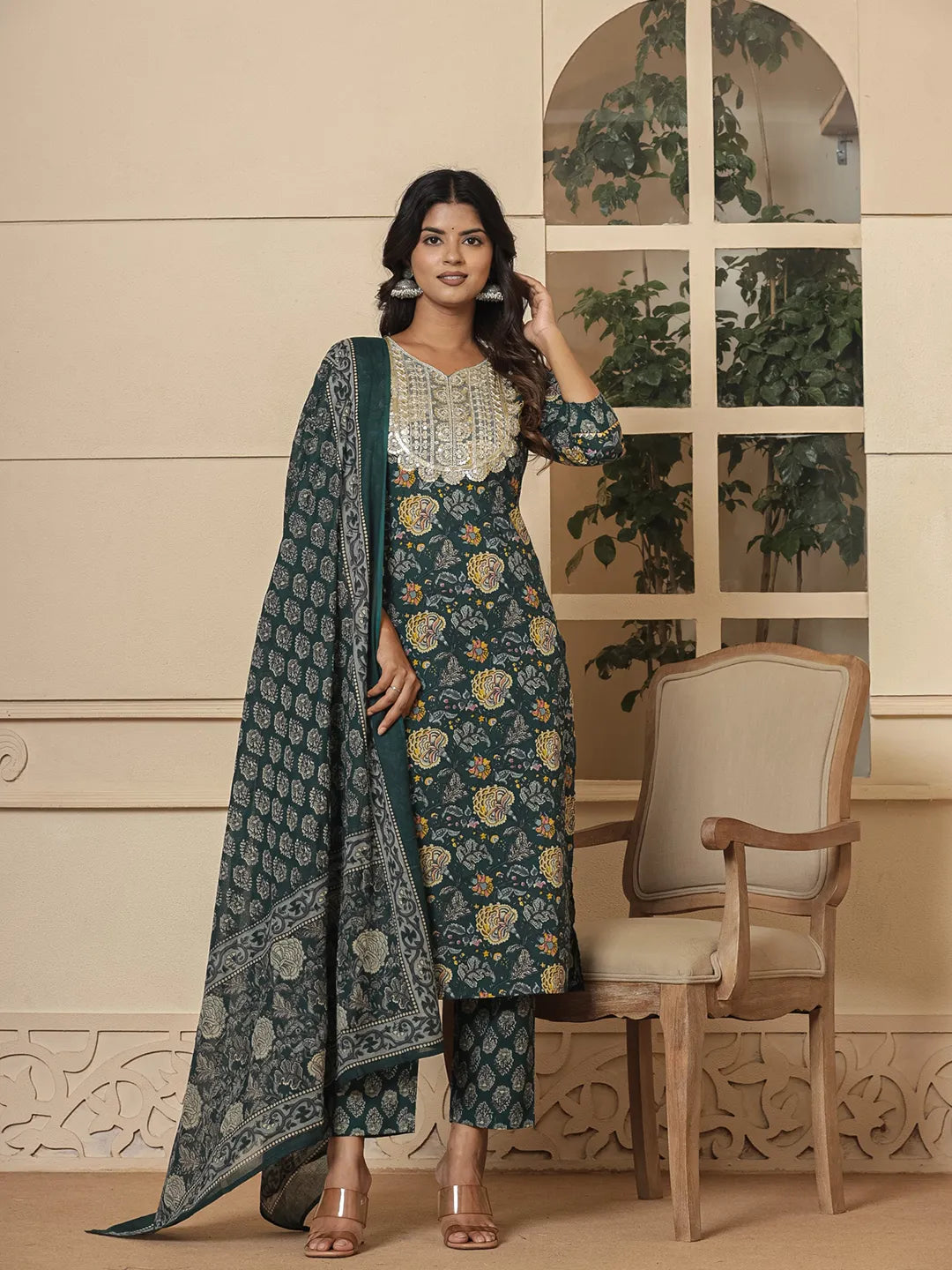 Cotton Green Embroidered Festive Wear Kurta Dupatta Set-Yufta Store-7194SKDDGS