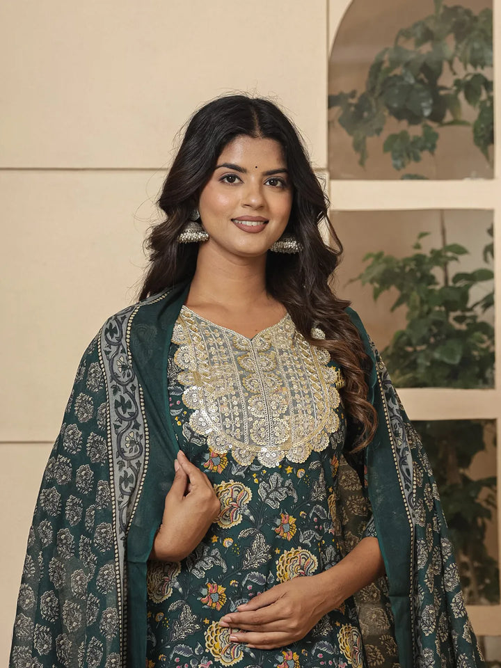 Cotton Green Embroidered Festive Wear Kurta Dupatta Set-Yufta Store-7194SKDDGS