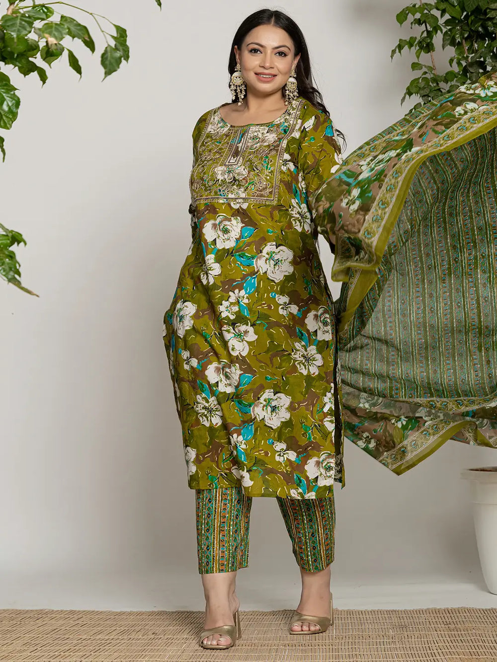 Cotton Green Embroidered Plus Size Kurta Dupatta Set-Yufta Store-6127PSKDGR3XL