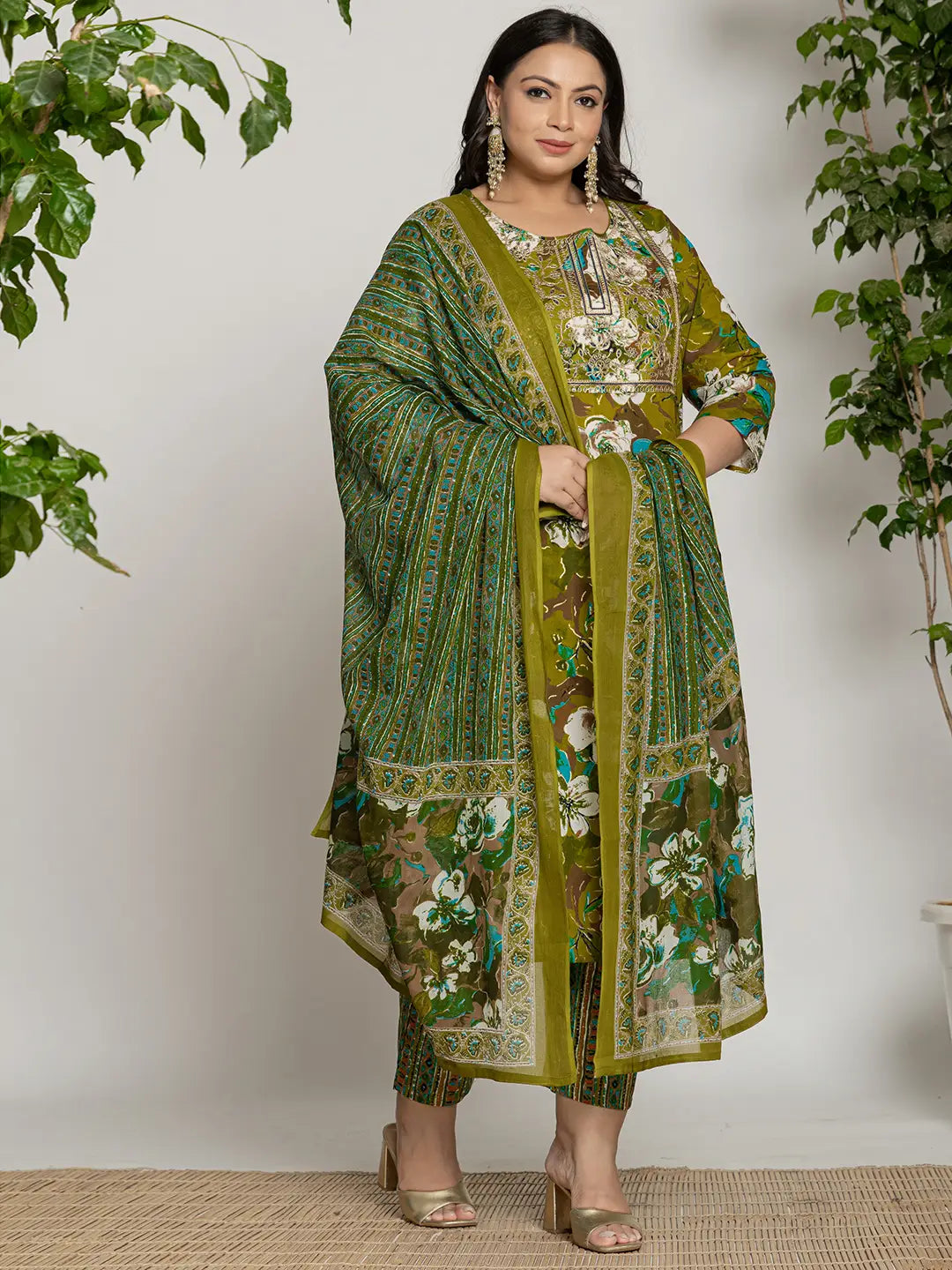 Cotton Green Embroidered Plus Size Kurta Dupatta Set-Yufta Store-6127PSKDGR3XL