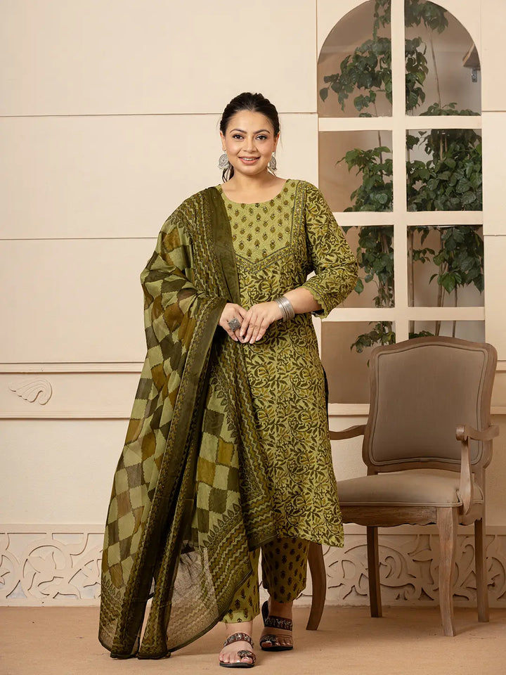 Cotton Green Kantha_Work Plus Size Kurta Dupatta Pant Set-Yufta Store-6972PSKDGR3XL