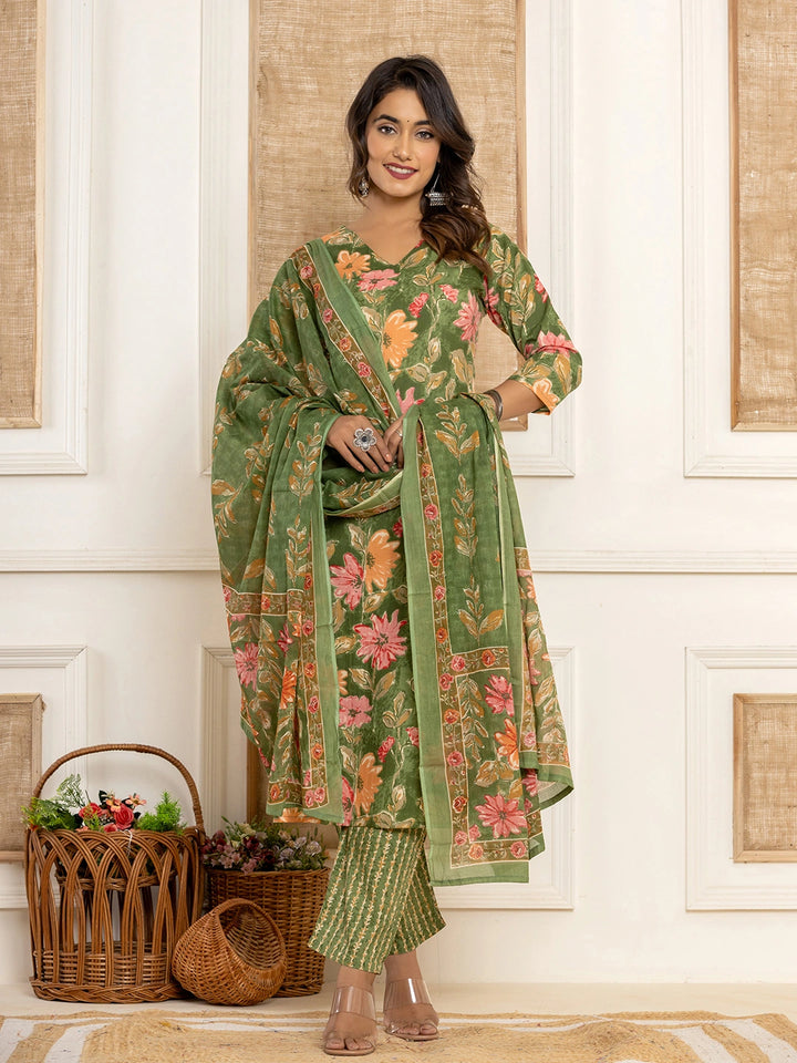 Cotton Green Kurta Dupatta Set-Yufta Store-7012SKDGRS