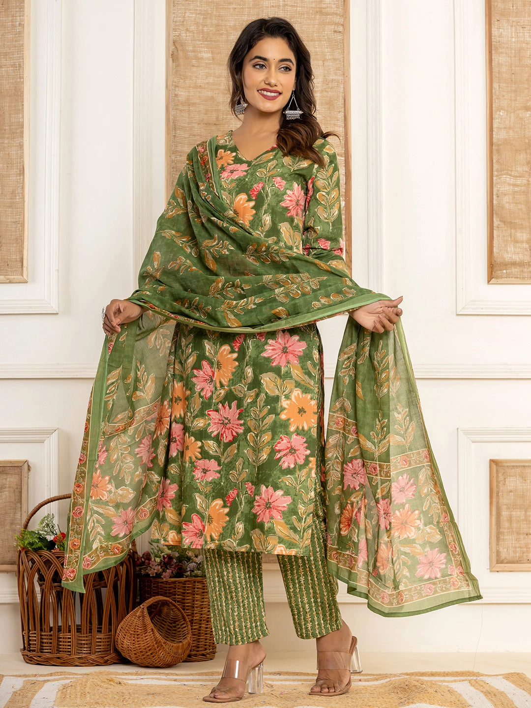 Cotton Green Kurta Dupatta Set-Yufta Store-7012SKDGRS