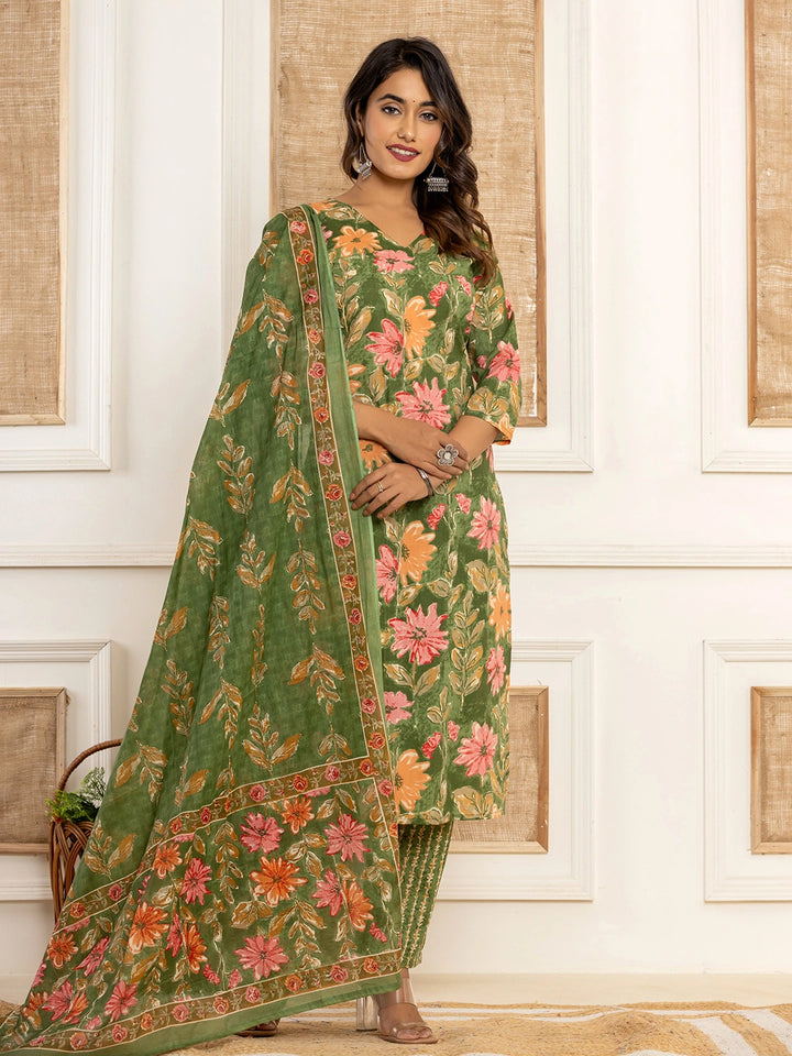 Cotton Green Kurta Dupatta Set-Yufta Store-7012SKDGRS