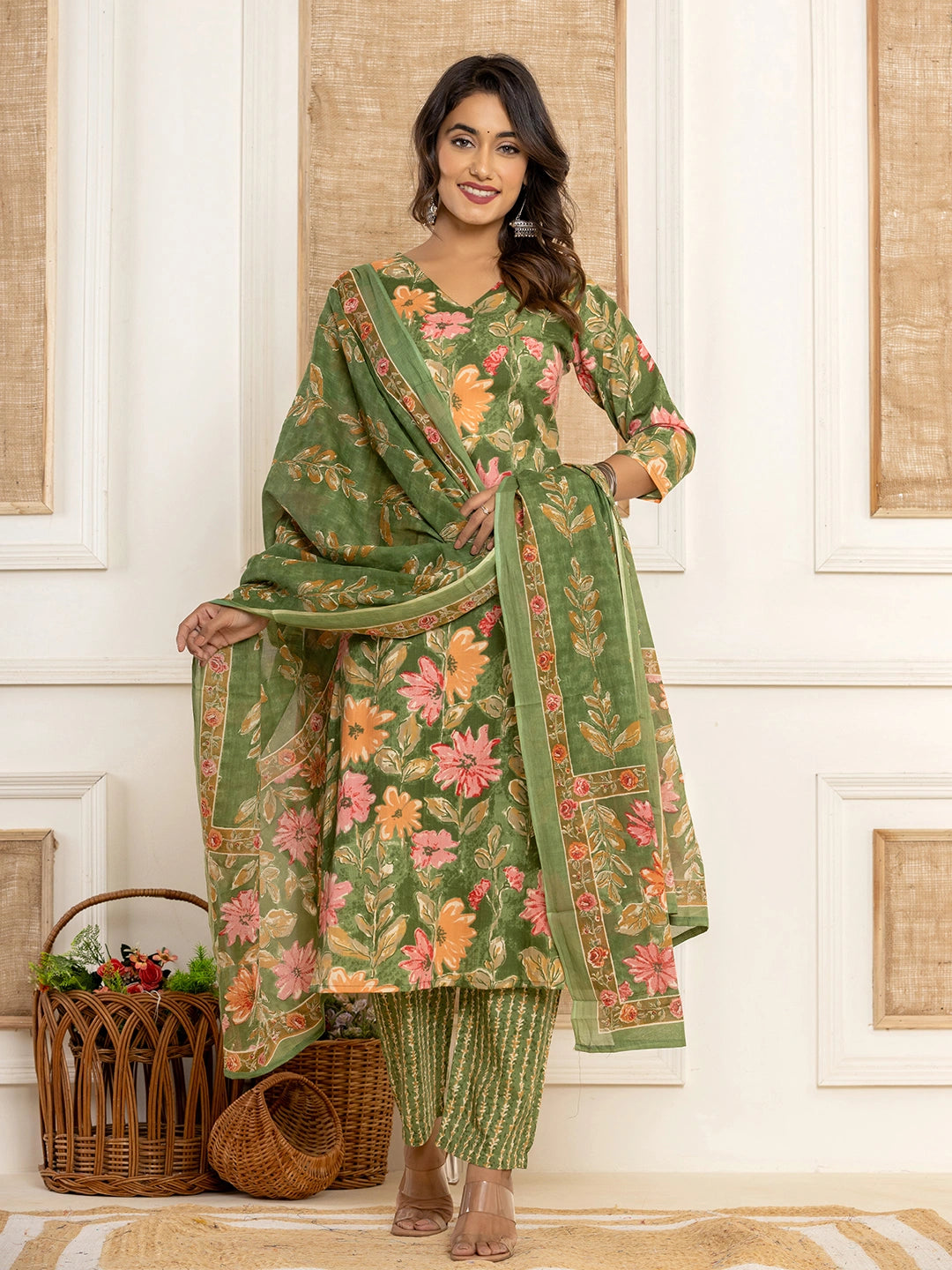 Cotton Green Kurta Dupatta Set-Yufta Store-7012SKDGRS