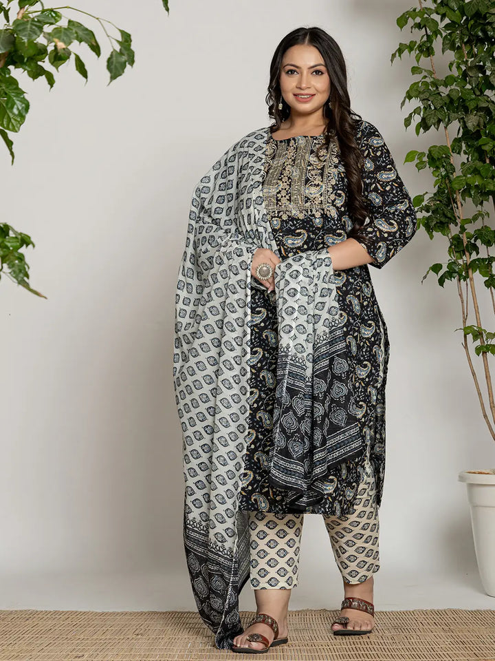 Cotton Black Printed Plus Size Kurta Dupatta Set-Yufta Store-7142PSKDBK3XL