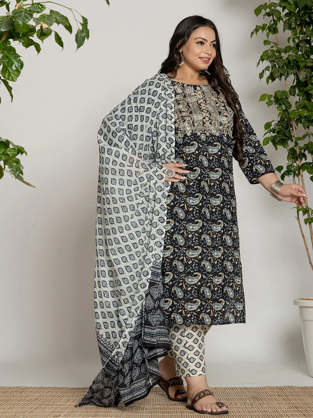 Cotton Black Printed Plus Size Kurta Dupatta Set-Yufta Store-7142PSKDBK3XL