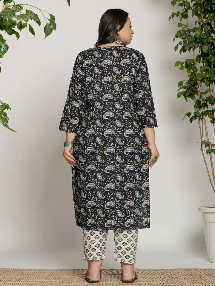 Cotton Black Printed Plus Size Kurta Dupatta Set-Yufta Store-7142PSKDBK3XL