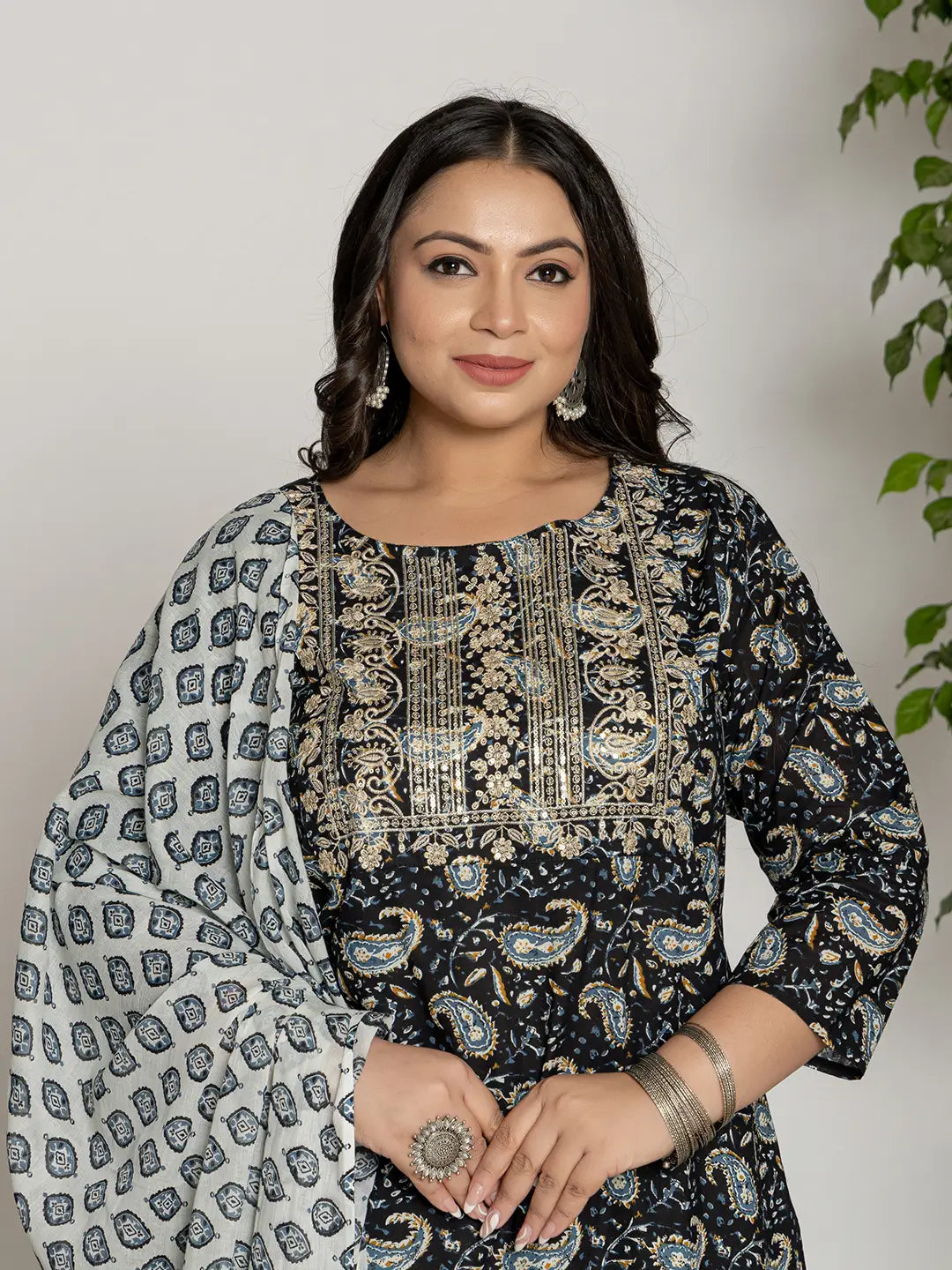 Cotton Black Printed Plus Size Kurta Dupatta Set-Yufta Store-7142PSKDBK3XL