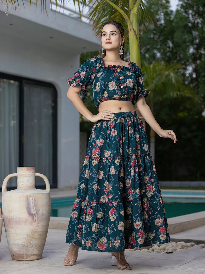 Cotton Green Skirt Co-Ord Set-Yufta Store-6913CRDGRS