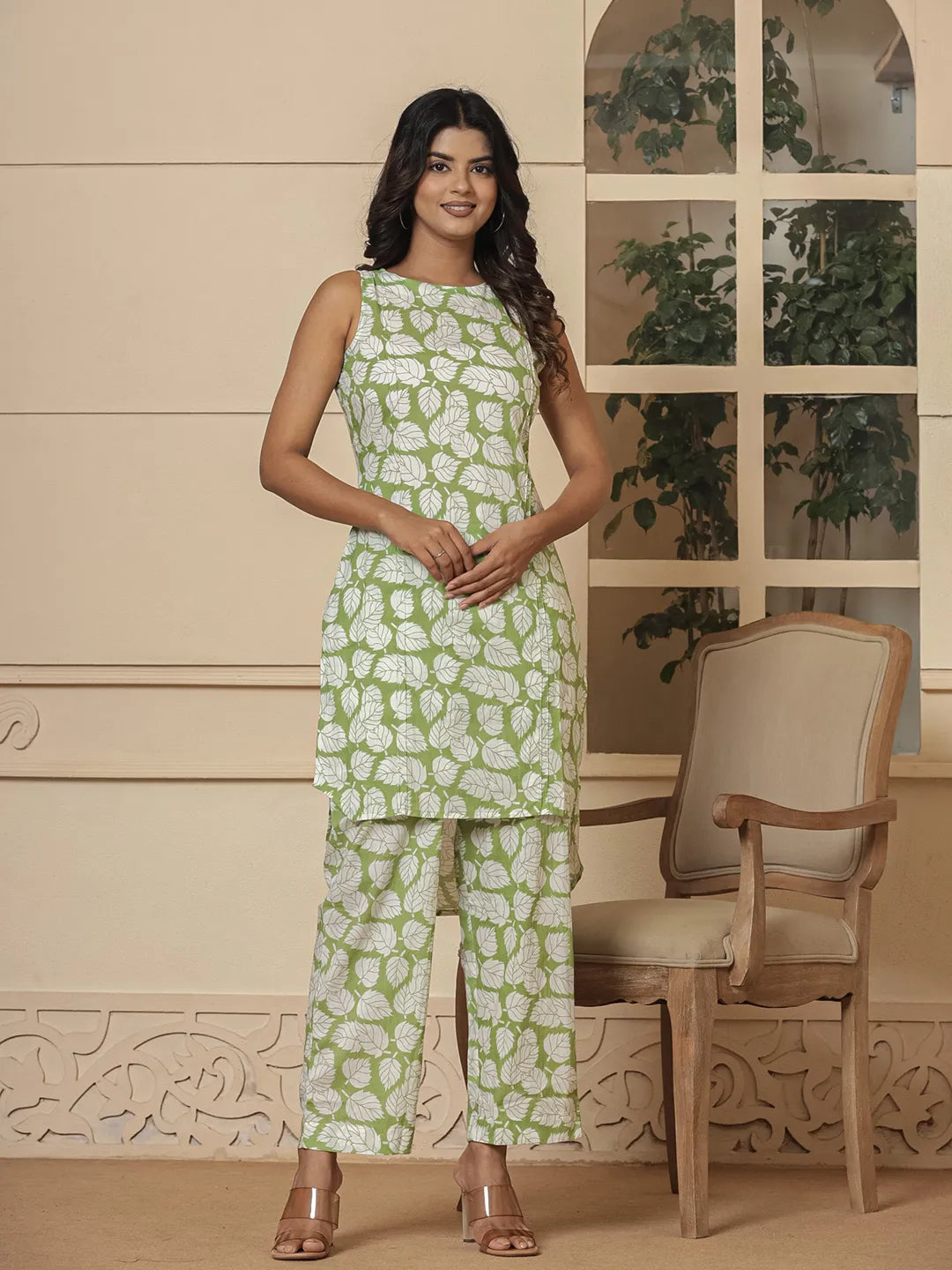 Cotton Green Summer Leaf Print Co-Ord Set-Yufta Store-7166CRDGRS