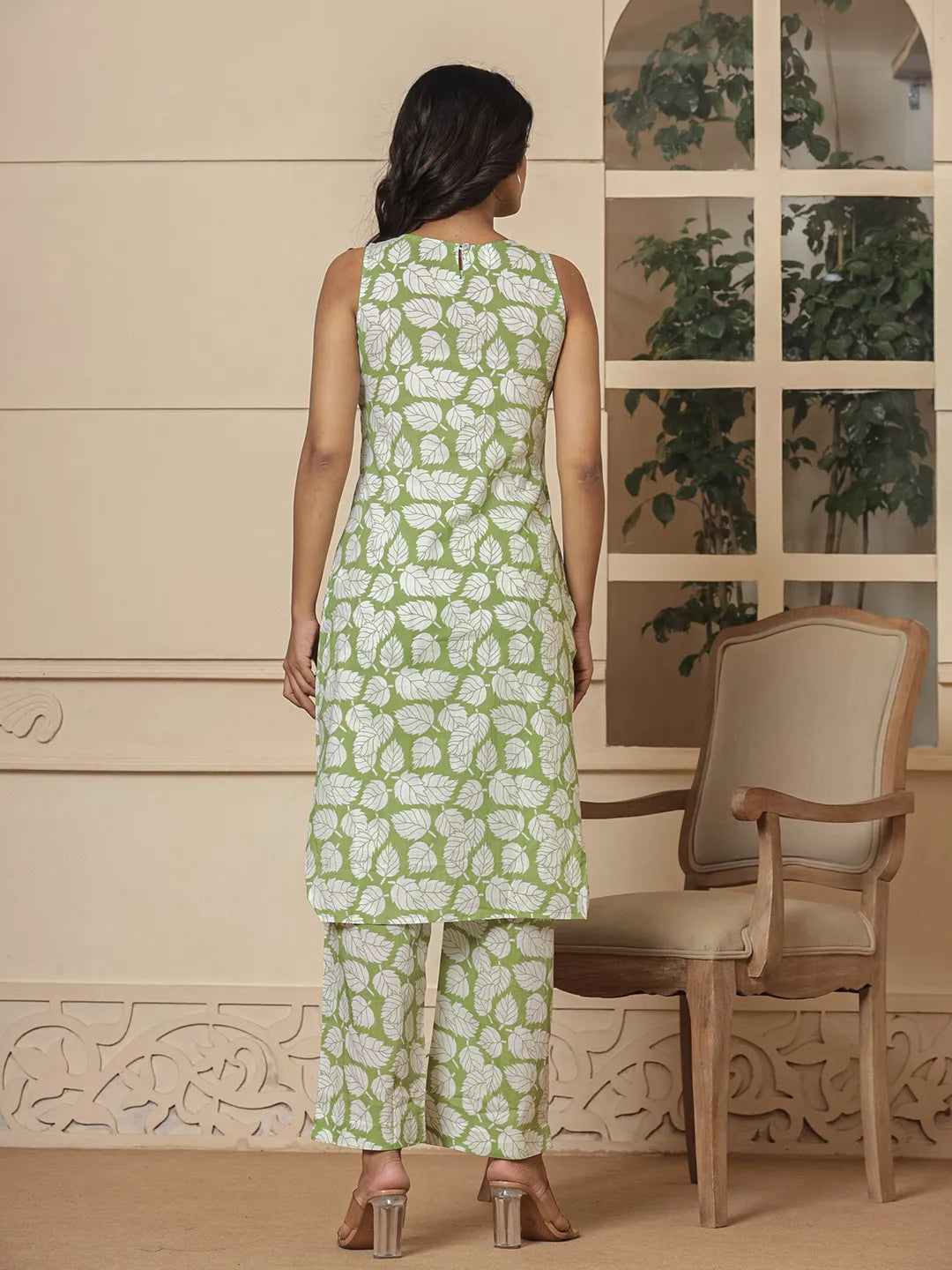 Cotton Green Summer Leaf Print Co-Ord Set-Yufta Store-7166CRDGRS