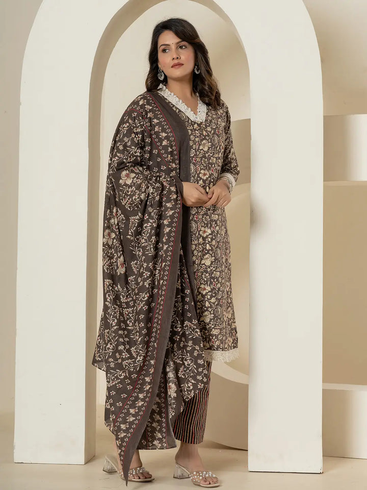 Cotton Grey Floral Print Cotton Straight Kurta Dupatta Pant Set-Yufta Store-7235SKDGYM