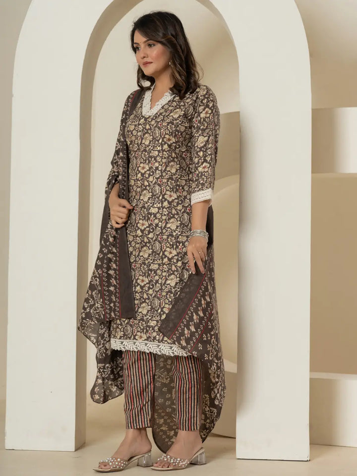 Cotton Grey Floral Print Cotton Straight Kurta Dupatta Pant Set-Yufta Store-7235SKDGYM