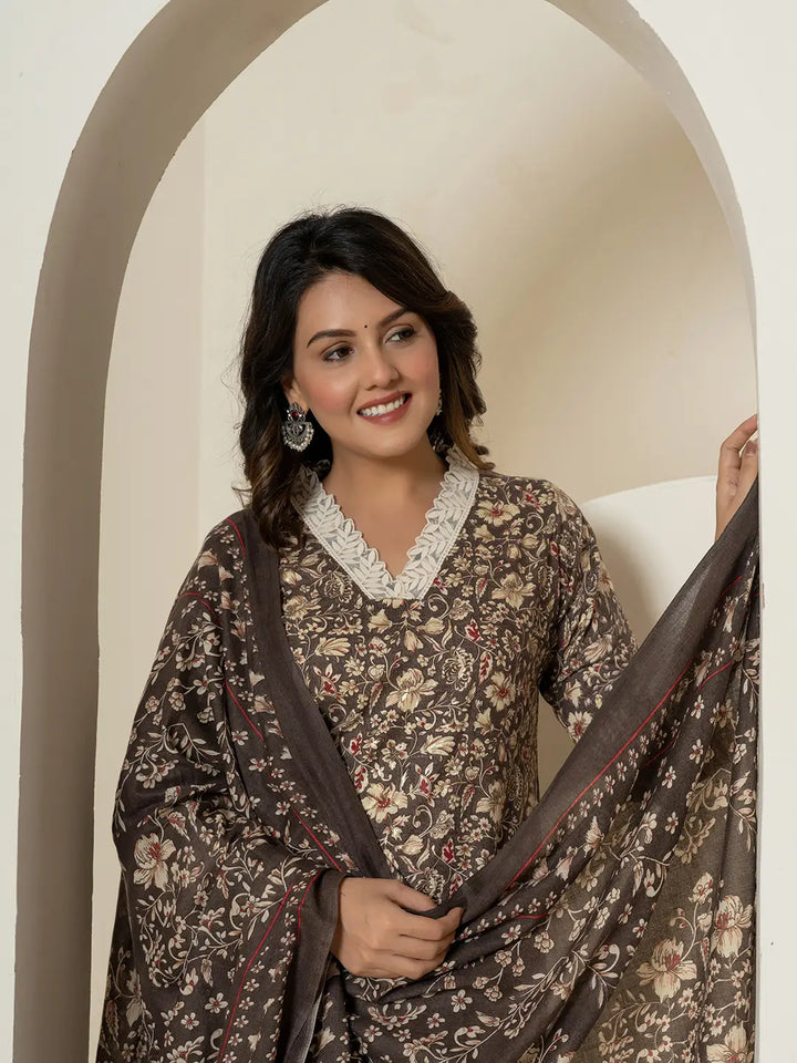 Cotton Grey Floral Print Cotton Straight Kurta Dupatta Pant Set-Yufta Store-7235SKDGYM