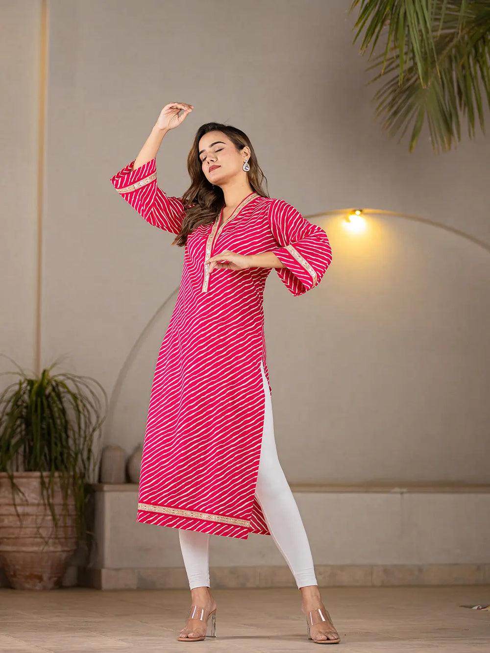 Cotton Hot Pink Leheriya Kurta-Yufta Store-6965KURHPS