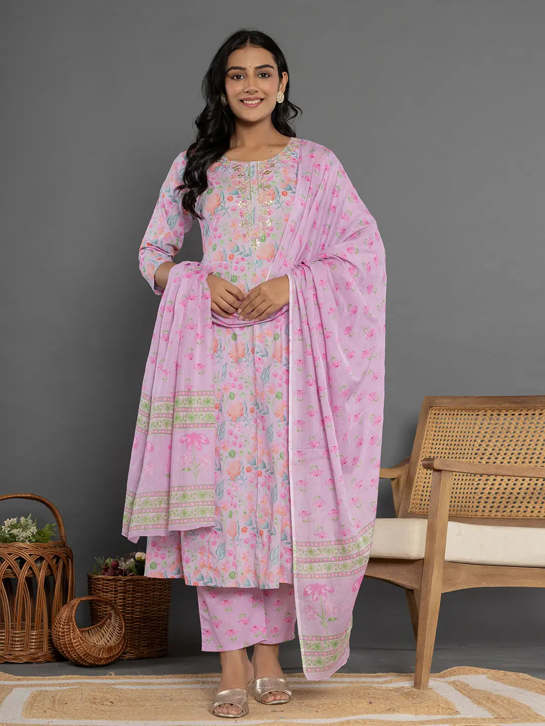 Cotton Lavender Kurta Dupatta Pant Set-Yufta Store-7164SKDLVS