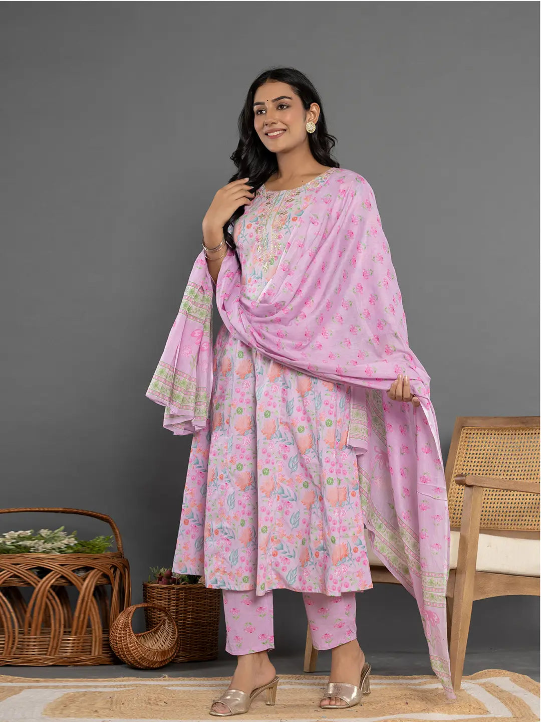 Cotton Lavender Kurta Dupatta Pant Set-Yufta Store-7164SKDLVS