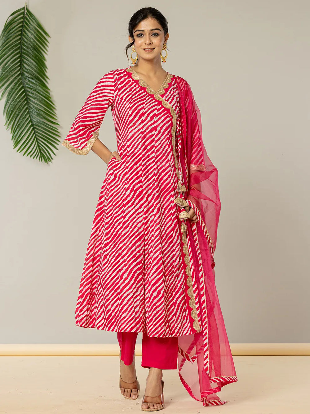 Cotton Leheriya Hot Pink Kurta Dupatta Pant Set-Yufta Store-6979SKDHPS