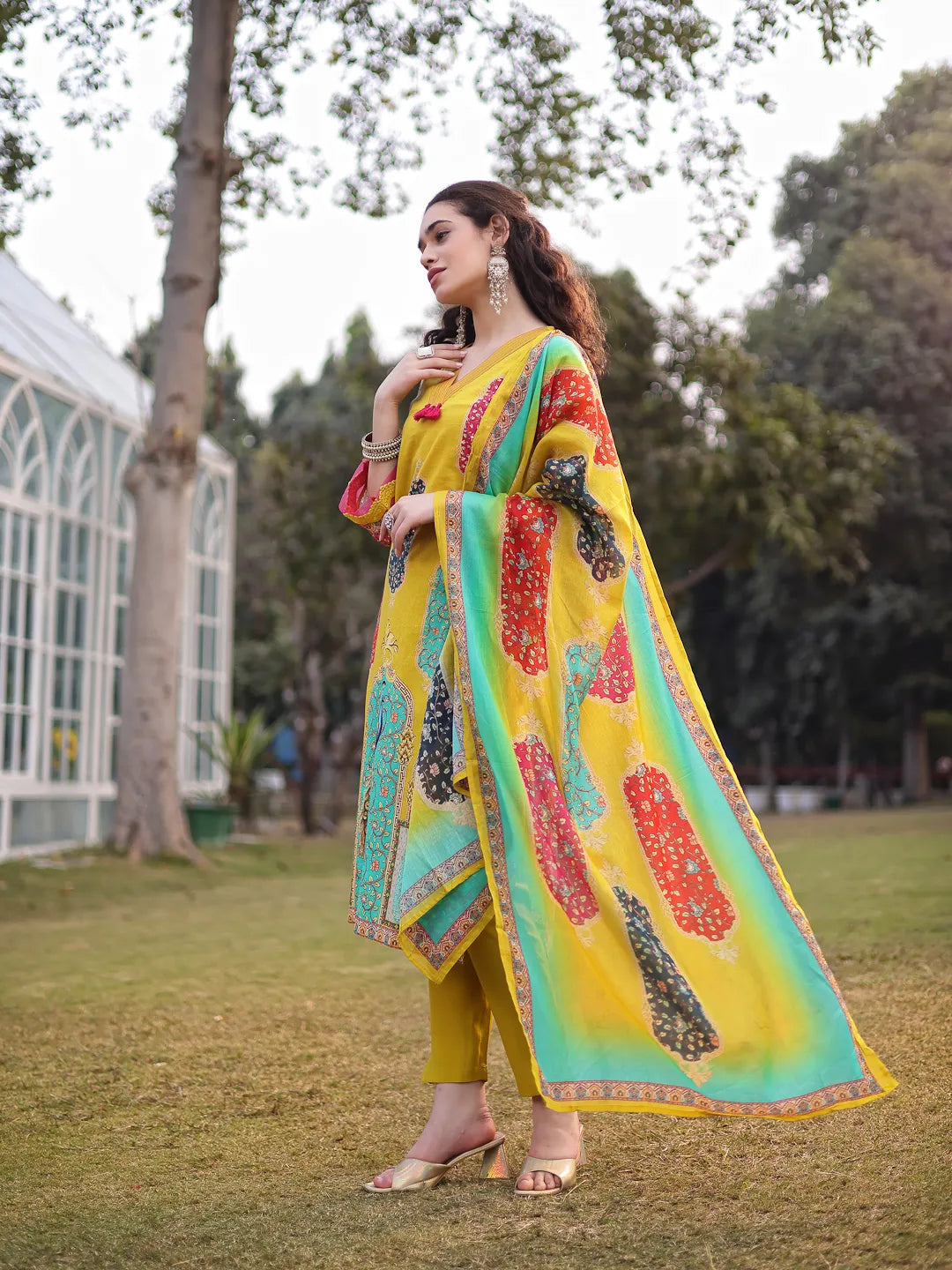 Cotton Lime Green Straight Pakistani Kurta Trouser Dupatta Set-Yufta Store-6592SKDGRM