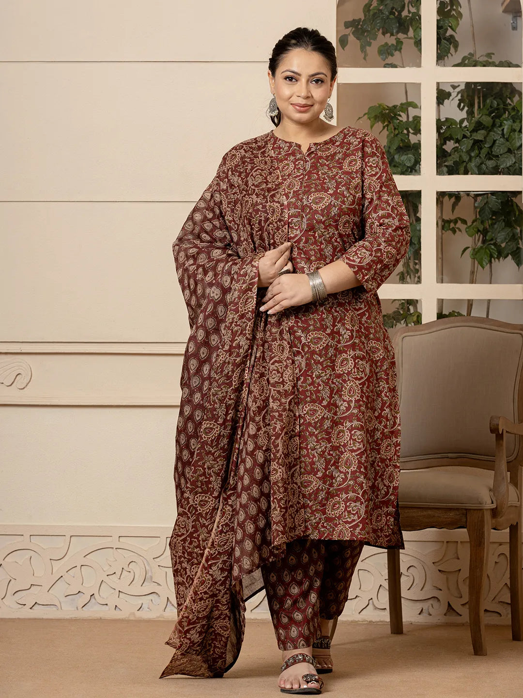 Cotton Maroon Plus Size Kurta Dupatta Set-Yufta Store-7082PSKDMR3XL