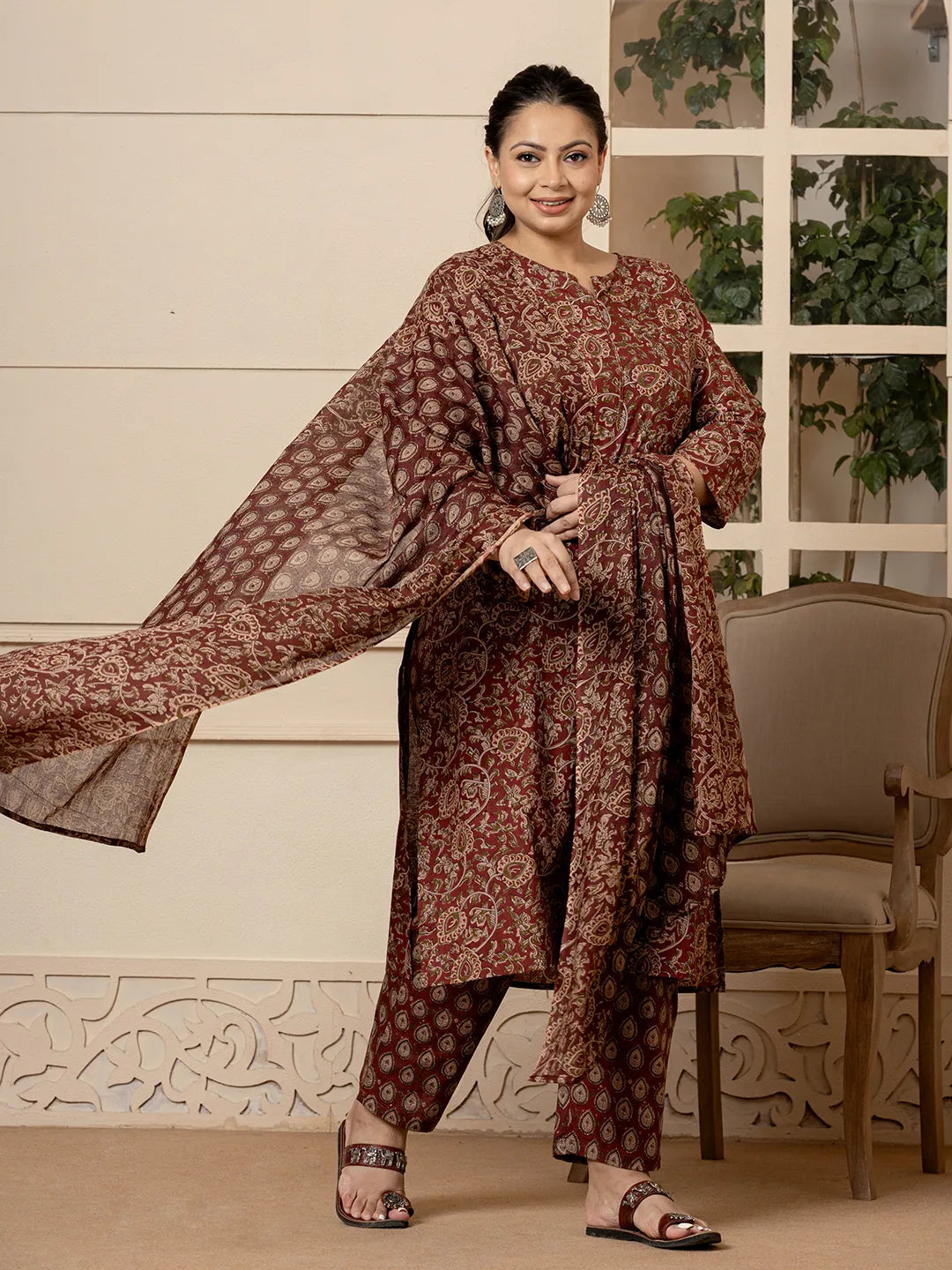 Cotton Maroon Plus Size Kurta Dupatta Set-Yufta Store-7082PSKDMR3XL