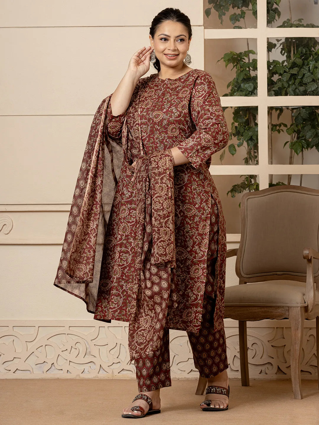 Cotton Maroon Plus Size Kurta Dupatta Set-Yufta Store-7082PSKDMR3XL