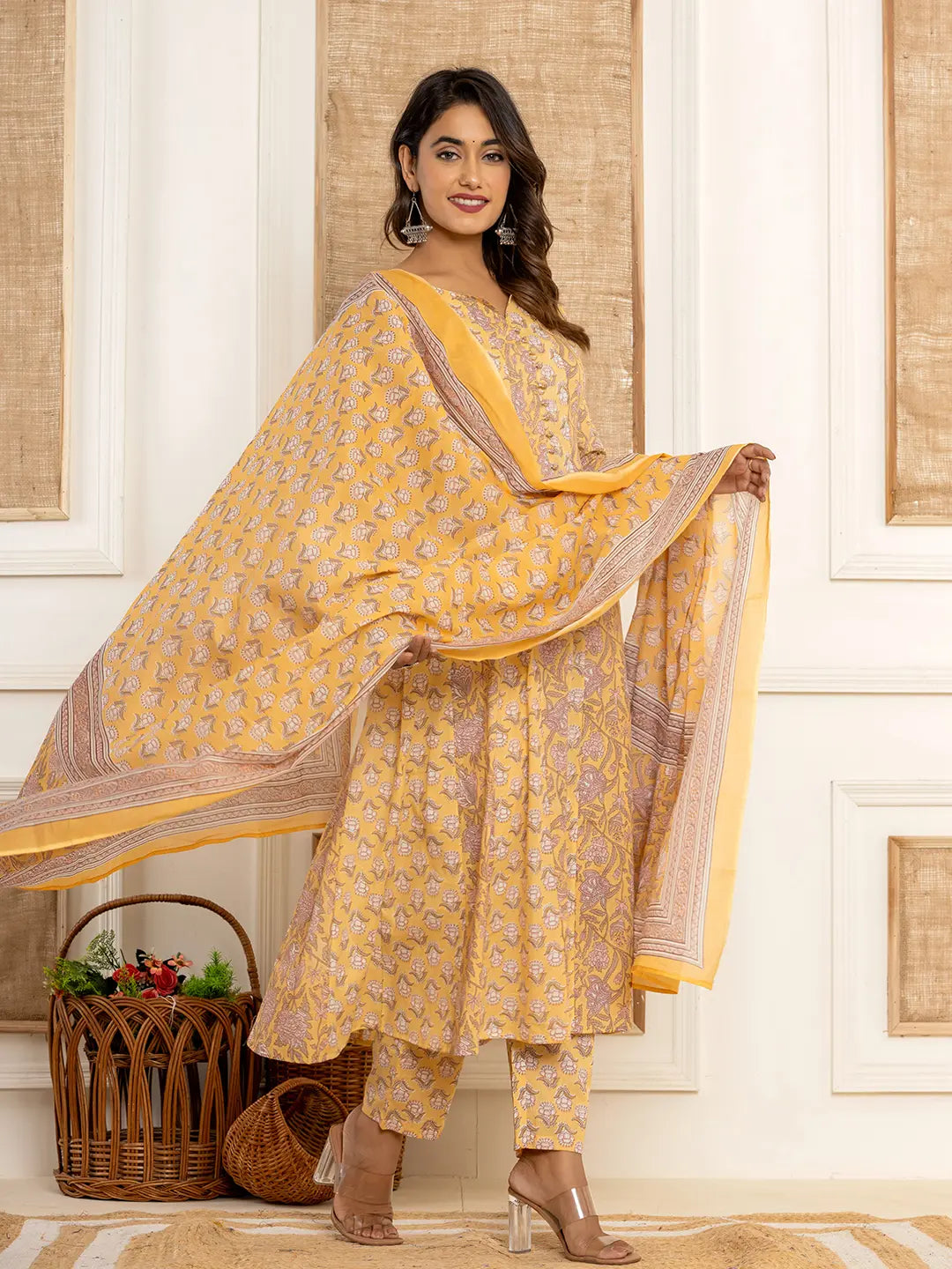 Cotton Mustard Anarkali Kurta Dupatta Set-Yufta Store-6937SKDMSS