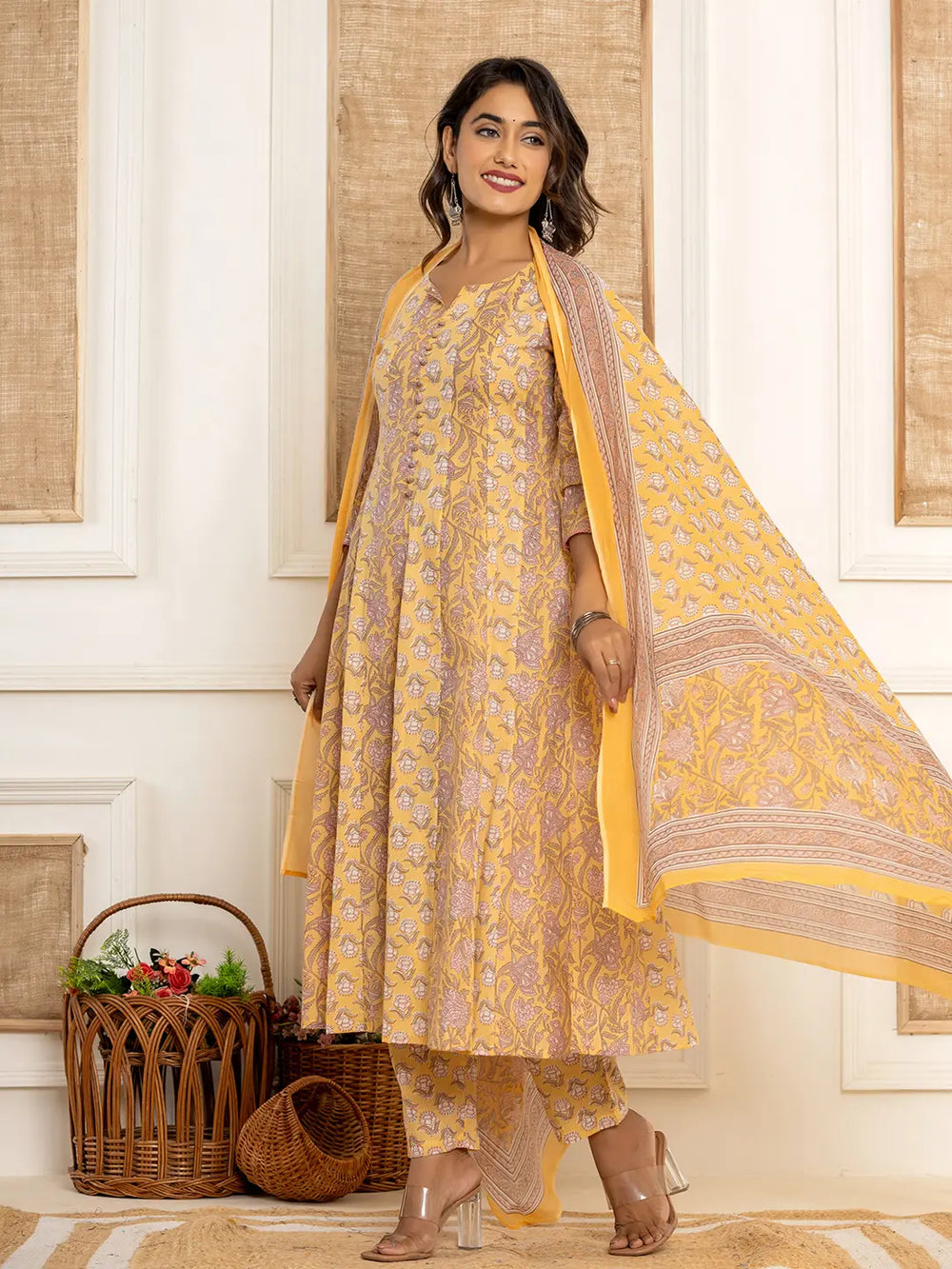 Cotton Mustard Anarkali Kurta Dupatta Set-Yufta Store-6937SKDMSS