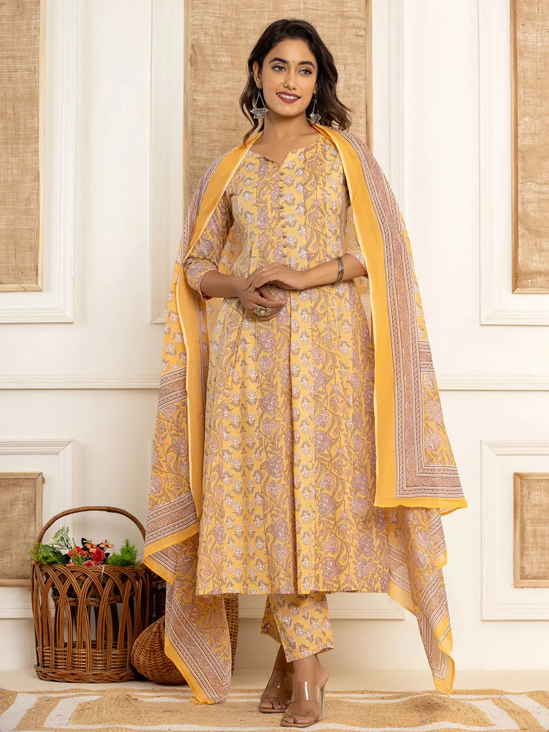 Cotton Mustard Anarkali Kurta Dupatta Set-Yufta Store-6937SKDMSS